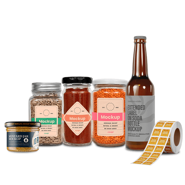 Custom labels on glass jars and bottles, mustard, seeds, spices, lentils, and beverage mockups