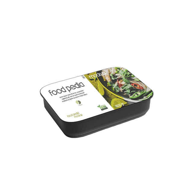 Rounded rectangular food container with branded lid label mockup